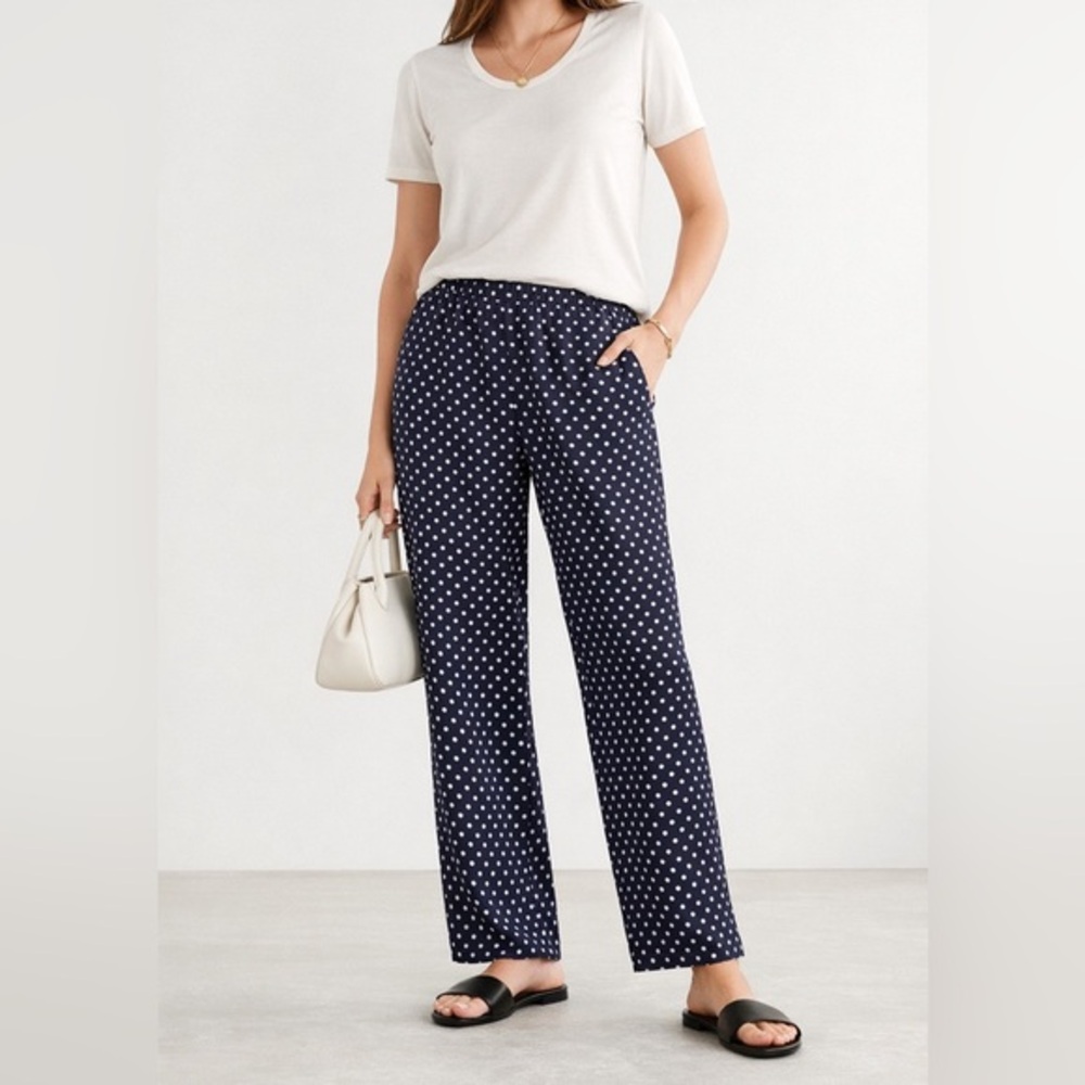 KULE 100% Silk Mini Polka Dot Pull‑On Pants XS Navy Blue Dot Trouser RARE